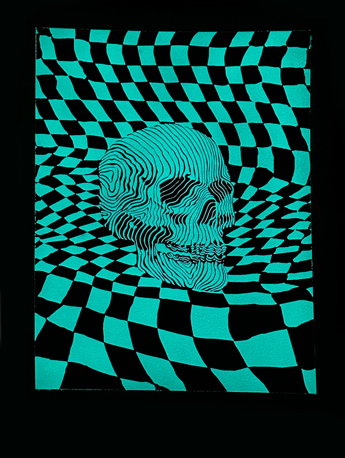 Glow in the Dark Liquid Zebra Skull Checkerboard Warp Poster