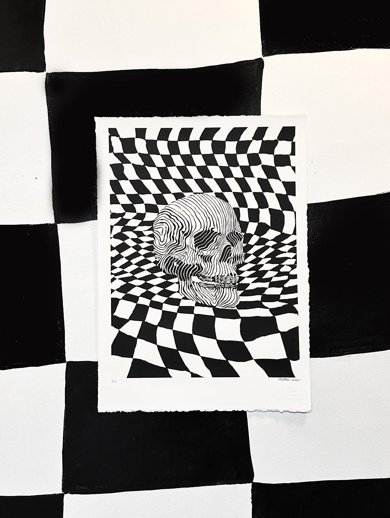 Glow in the Dark Liquid Zebra Skull Checkerboard Warp Poster
